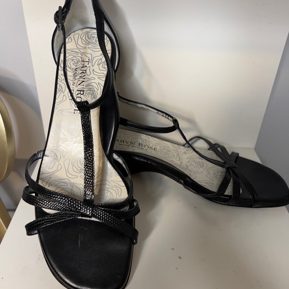 Taryn Rose Black Leather T-Strap‎ Sandals Heels Dressy Occasion Size 8.5 - Picture 1 of 8